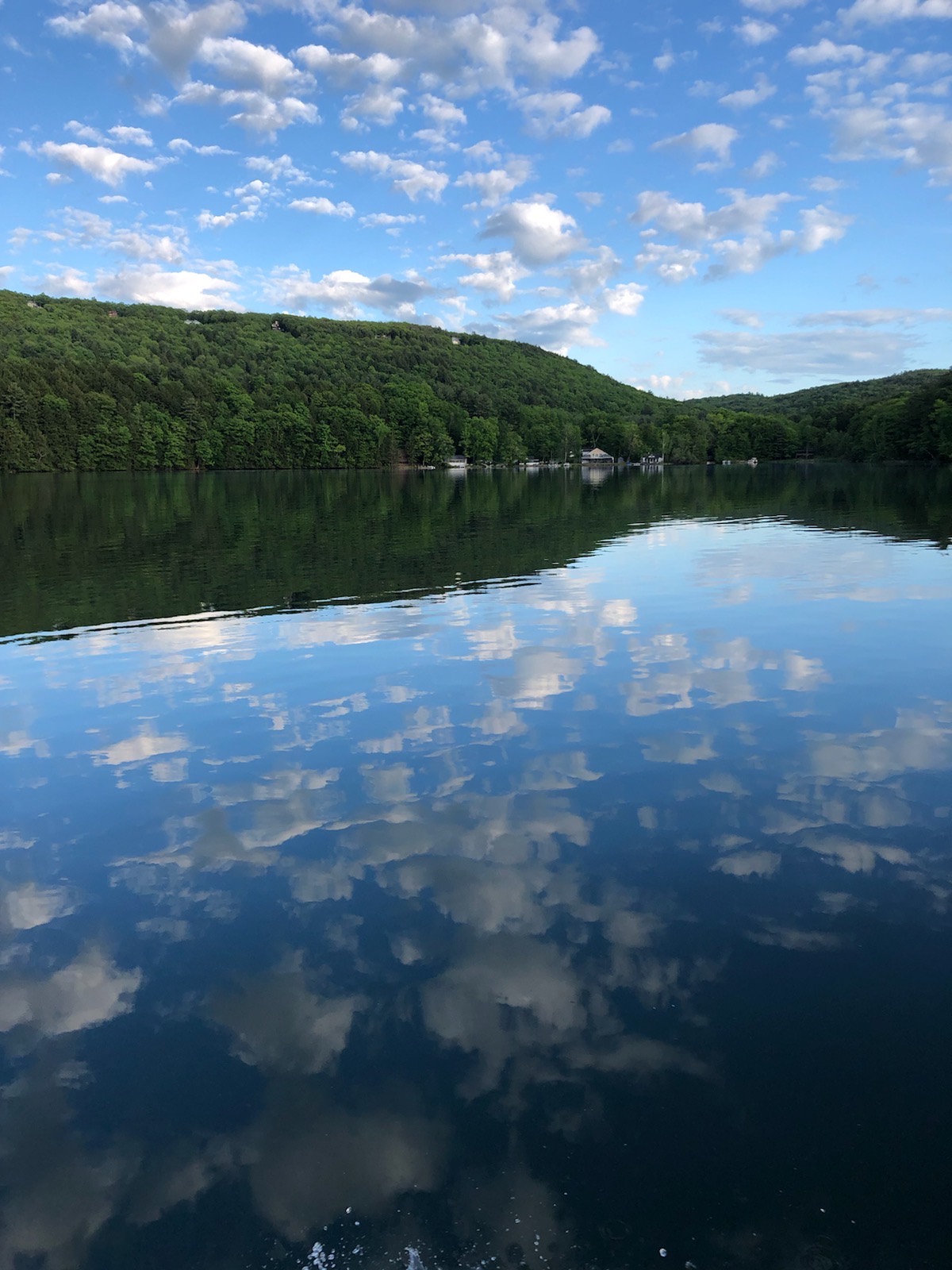 Queechy Lake reflecting clouds and green hills